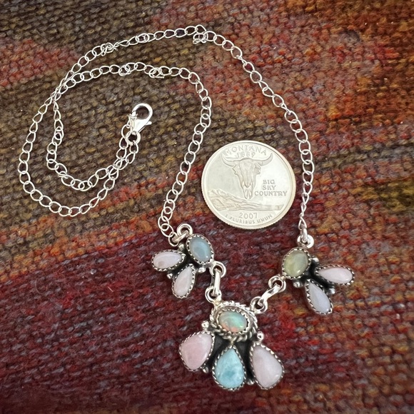 ❤️ Ethiopian Opal, Larimar, Natural Pink Opal 19” Adj Necklace 925 Navajo 14.3gm - Picture 10 of 17